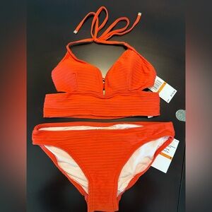 MICHAEL KORS *NWT* Vibrant Orange Ribbed Texture Cutout Longline Bikini Set - S